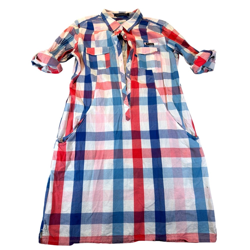 Columbia PFG Super Bonehead Shirt Dress XL Red Blue Plaid Cotton Fishing